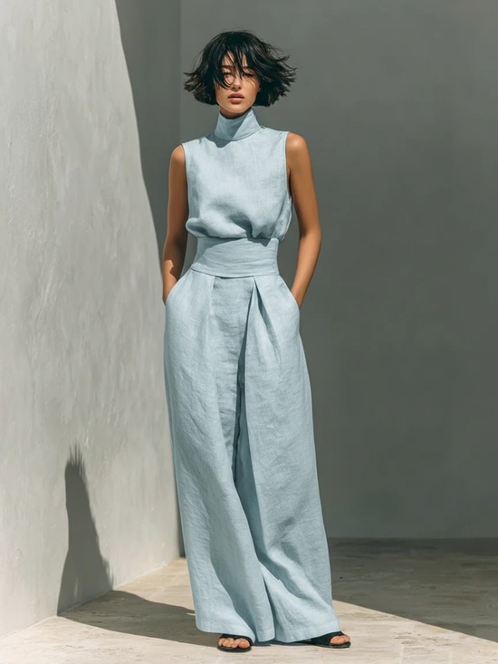 Modesees Pants - Women's Minimalist Cotton And Linen Blend Sleeveless Blouse And Wide-leg Pants L